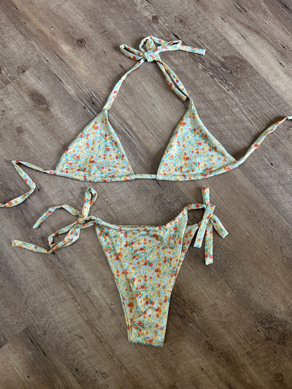 Floral Tie-Side Bikini Set in Yellow & Coral